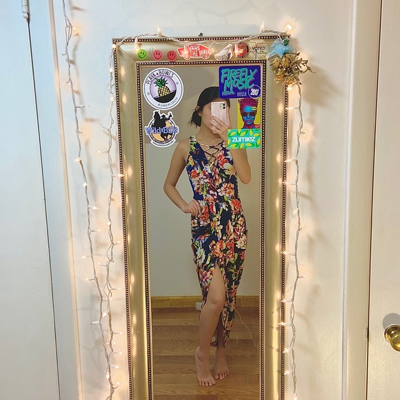 v neck lace up bodycon tropical floral dress - Picture 1 of 5